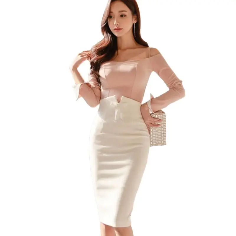 

Autumn 2 Pieces Set Pink Slash Neck Bow Sleeve Top Bodycon Office Ladies White Midi Bow Skirt Sexy Party Elegant Womens Dress