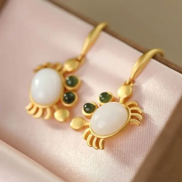 

Original S925 Sterling Silver Gold Plated Hetian Jade Personality Crab Special-Interest Design Women's Earrings Eardrop Ring Set
