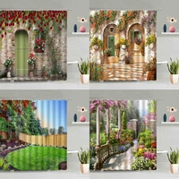 european style town scenery shower curtain garden green plant flowers natural landscape fabric bathtub decor curtains with hooks
