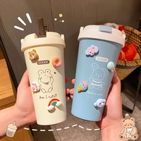 milk tea straw thermos cup outdoor simple stainless steel water bottle with cover straw portable lifting ring lovely coffee cup