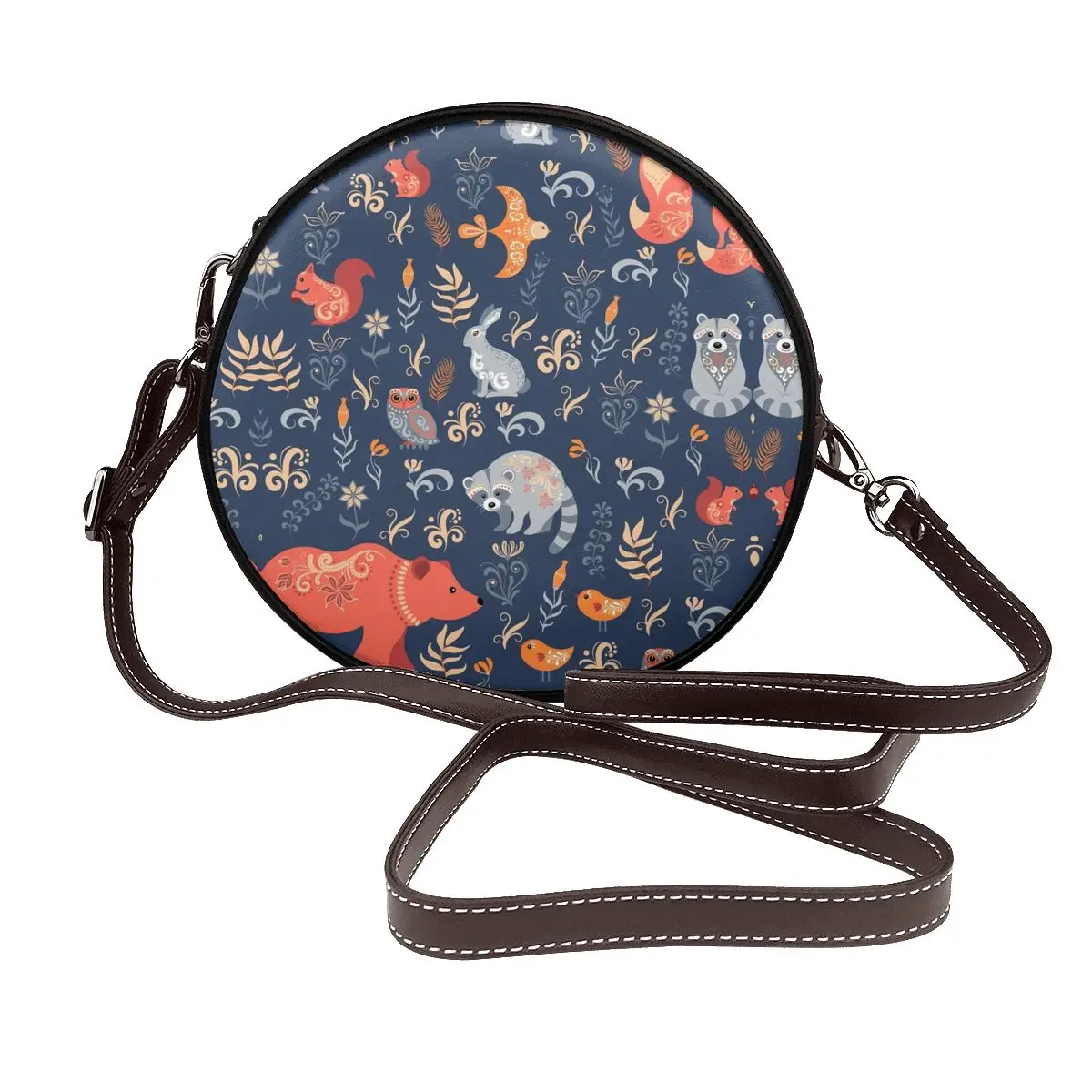 

Fairy Tale Forest Fox Shoulder Bag Hippie Bohemian Pattern School Leather Round Bag Student Bulk Aesthetic Purse
