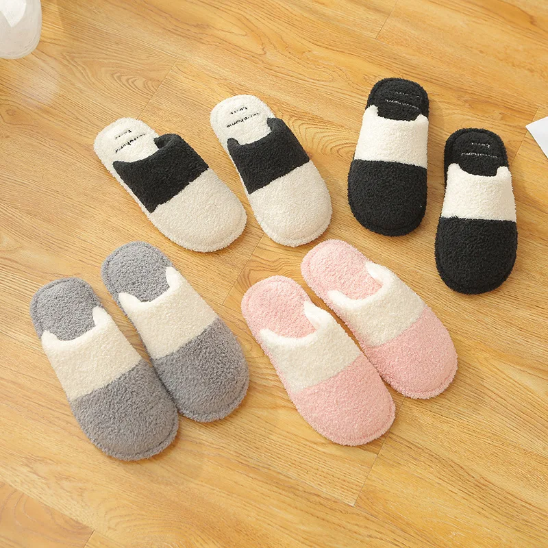 

New Winter Color Matching Men'S Shoes Couple Cotton Slippers Simple Teddy Velvet Home Soft Bottom Indoor Non-Slip Slippers
