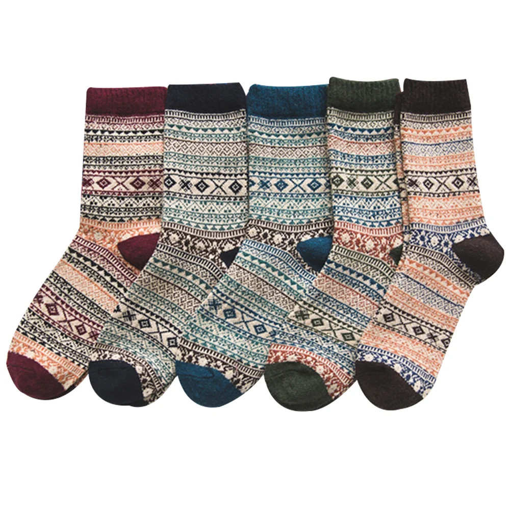 

5 Pairs Outdoor Sports Autumn Winter Ethnic Style Wool Socks (Browns Green)