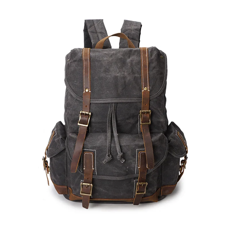 

New Multifunction Vintage Leather Military Waterproof Canvas Men's Backpack Backpacking Rucksack Luxury Brand Cow Leather