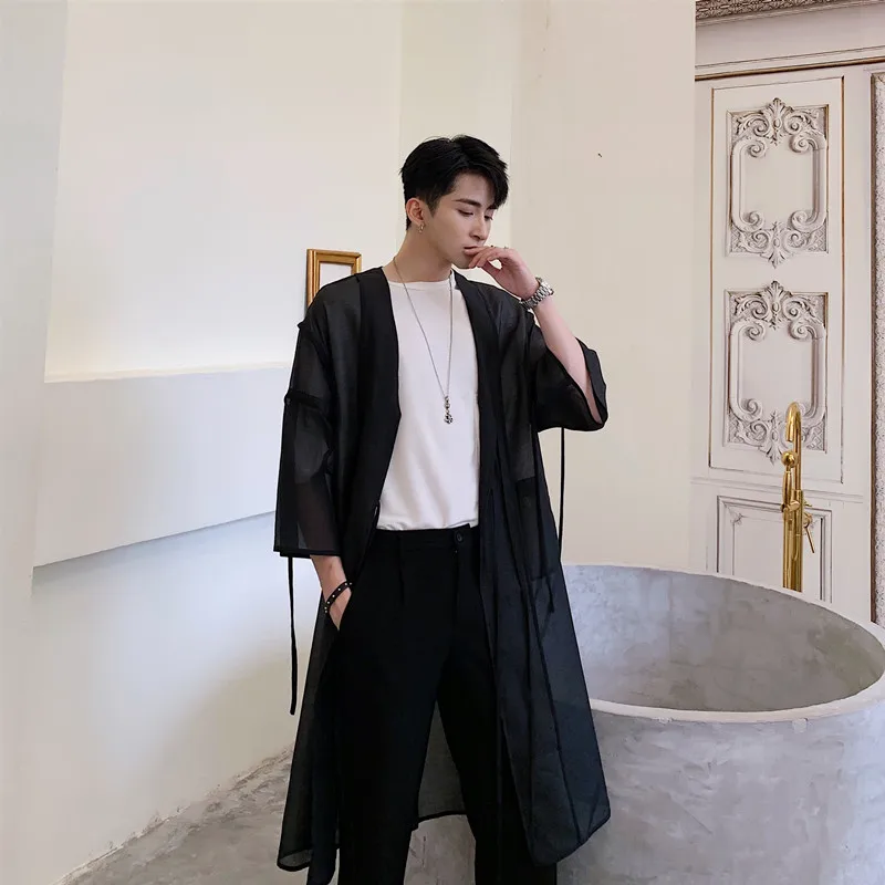 Тренчкот мужской полупрозрачный сетчатый длинный кардиган в стиле