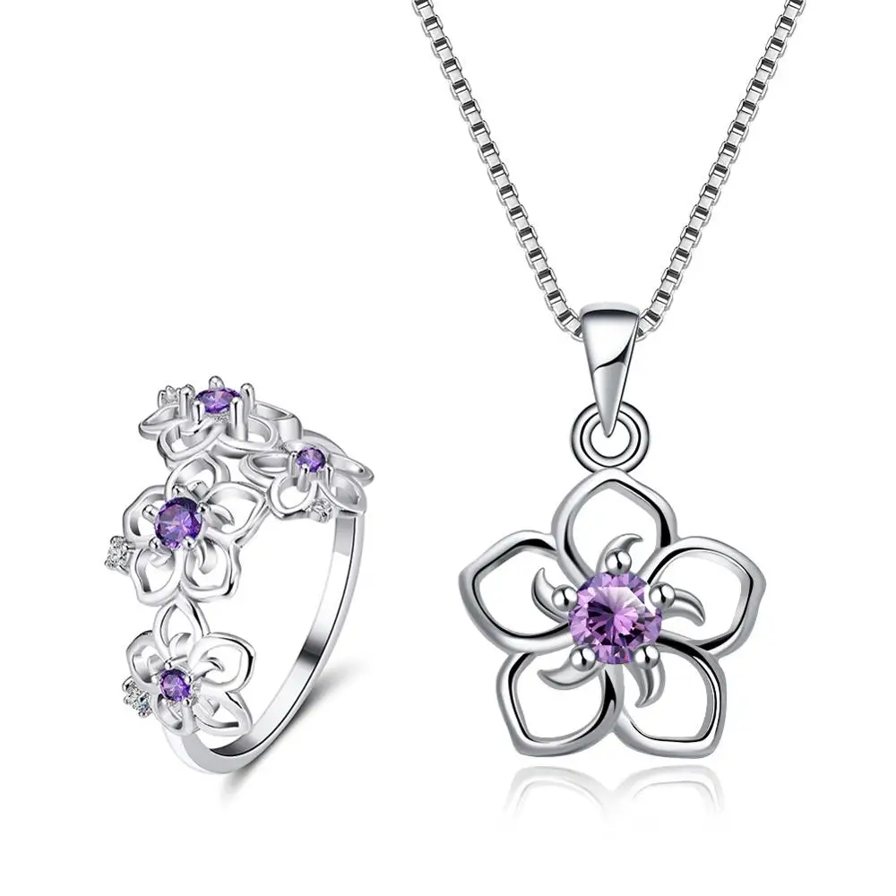 Purple Zircon Effie queen 925 пробы серебряные ожерелья кольца Ювелирные наборы для женщин AAA цветок с Цирконом Форма вечерние Ювелирные наборы TSS24 - Цвет камня: Purple Zircon