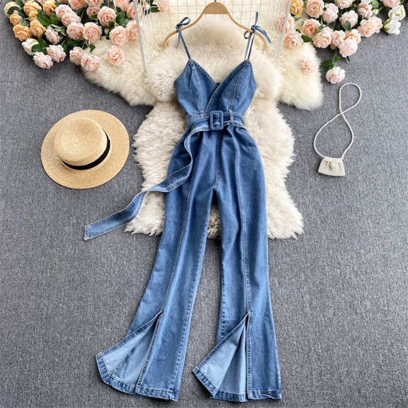 

Sexy Strap Denim Overalls Women Fashion Belt Sleeveless Suspenders Jeans High Waist Wide leg Pants Casual Summer Jumpsuit Female