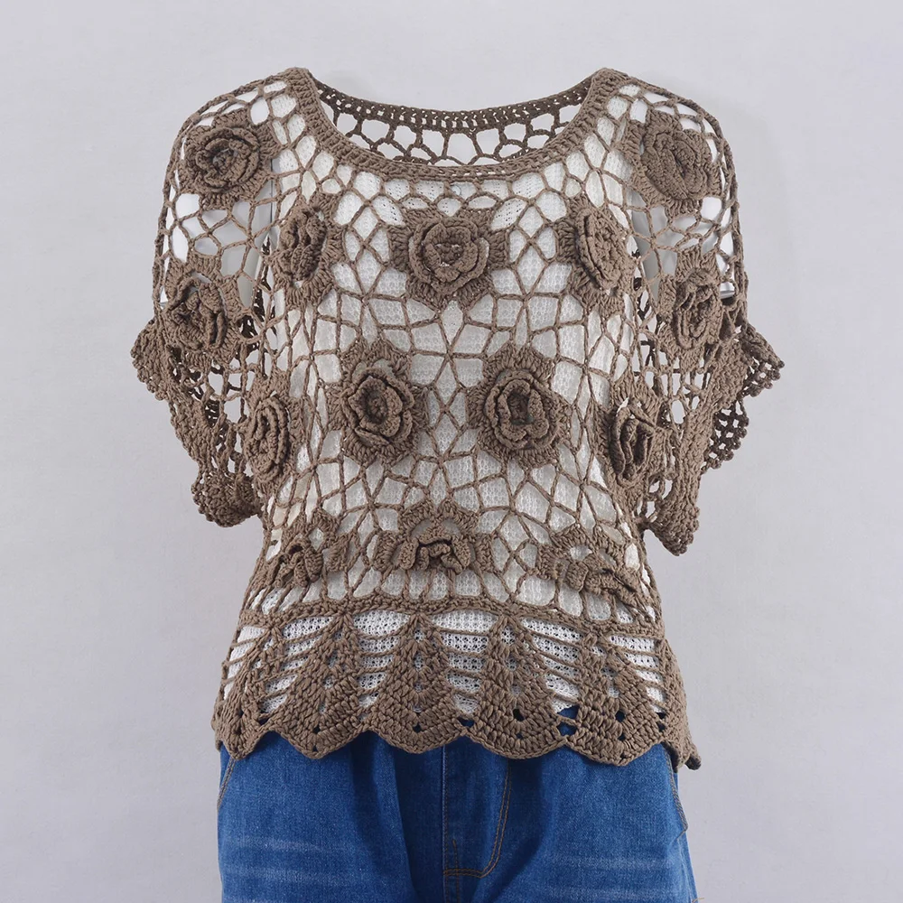 

Women Crochet Top Shirt Summer Hollow Out Crochet Flower Bikini Cover Shirt O Neck Pullover Short Sleeve Top Shirt For Female