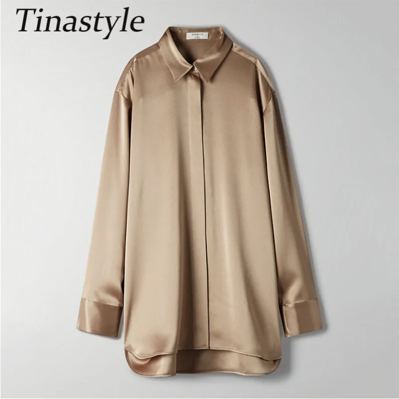 

Tinastyle Office Ladies Elegant Blouse Women Shirt Turn Down Collar Single Buttons Oversize Long Shirts Casual Blusa Party Tops