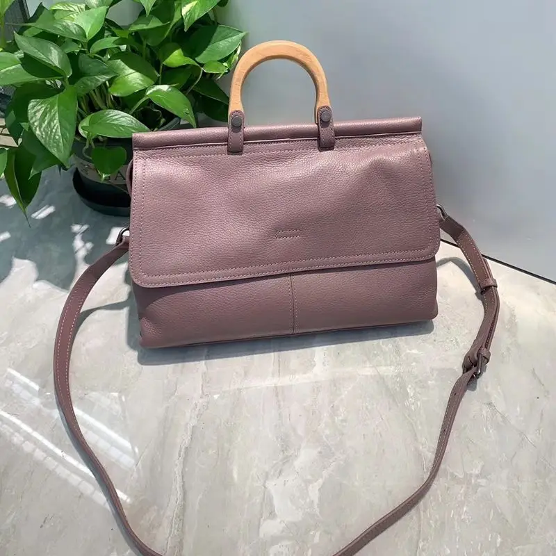 

WOONAM Women Fashion Bag Top Hide Genuine Calf Leather Wood Handle Shoulder Crossbody Handbag WB784