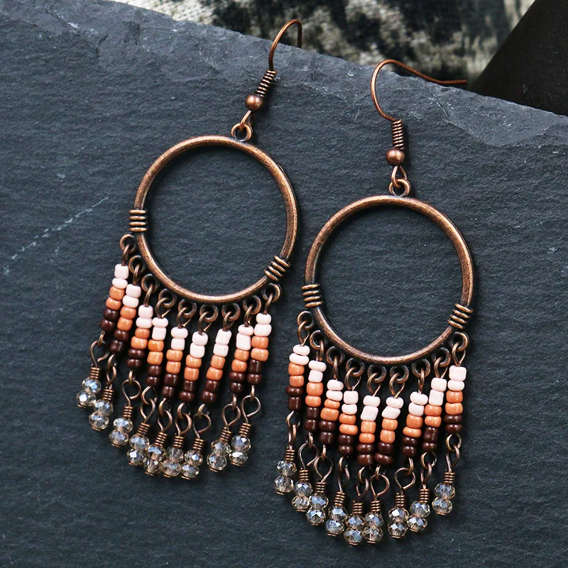 

Retro Fashion Personality Big Circle Earrings Women's India Trend Bead Tassel Earrings Bohemian Exaggerated Jewelry Gift