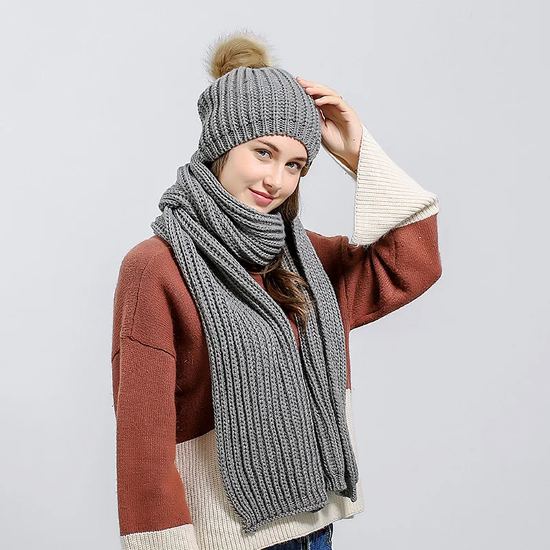 

2021 Autumn Winter Knitted Hat Scarf Sets for Women Thick Warm Pompom Hat And Scarf Female Fashion Casual Set Comfortable