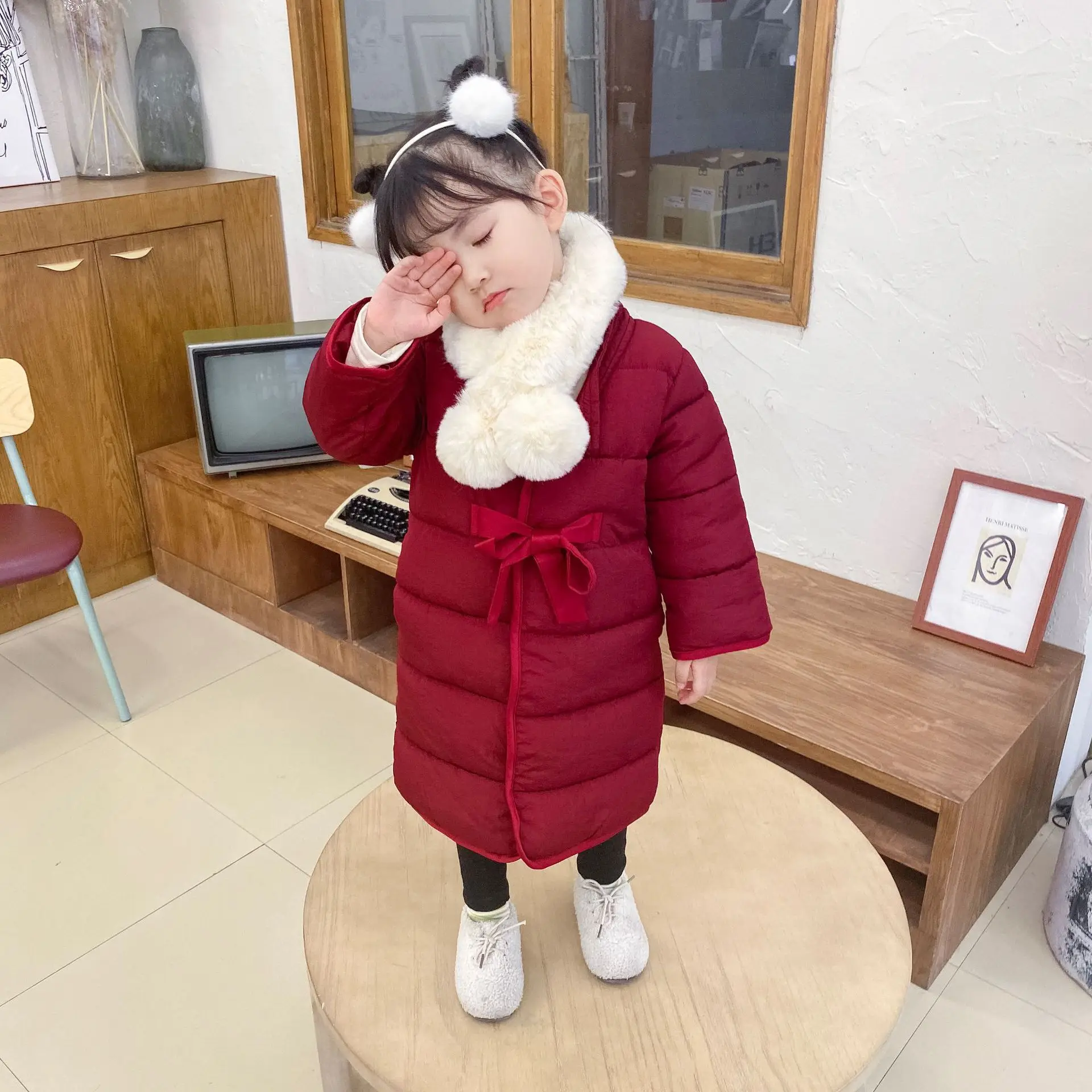 

2019 baby girl winter coat+ scarf,for new year christmas red long coats girls kids fashion clothing outfit
