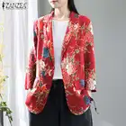 2021 Осенние костюмы с лацканами, блейзеры ZANZEA, Женский Тонкий Блейзер, винтажный цветочный принт, длинный рукав, хлопок, лен, кардиган, пальто, верхняя одежда