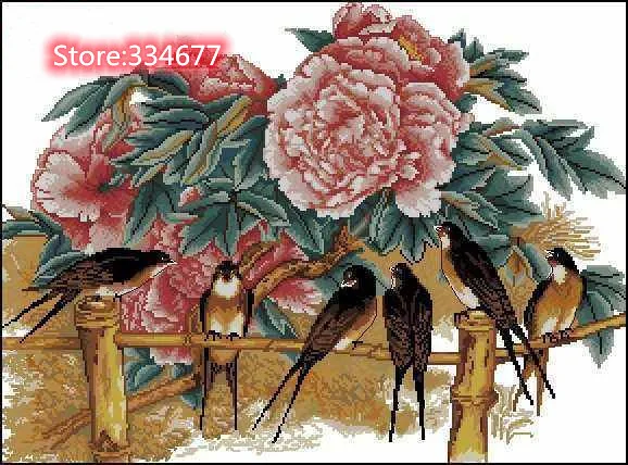 

Swallow, peony flower, bird Sewing kit Top Quality Embroidery Needlework 14CT Unprinted Art Cross Stitch Kits DIY Handmade Decor