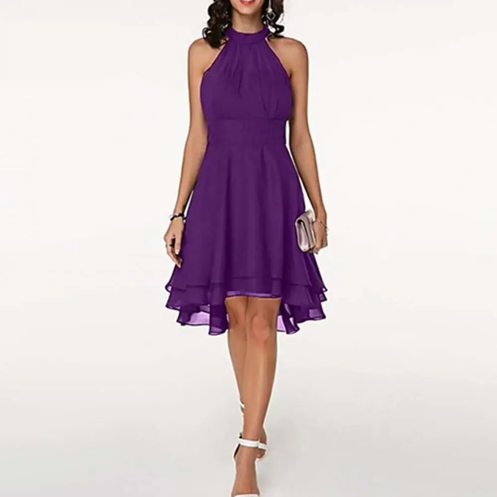 

Women Summer Dress Elegant Halter Sleeveless Solid Color Party Dresses High Waist Irregular Hem Chiffon Dress Slim Midi Dress