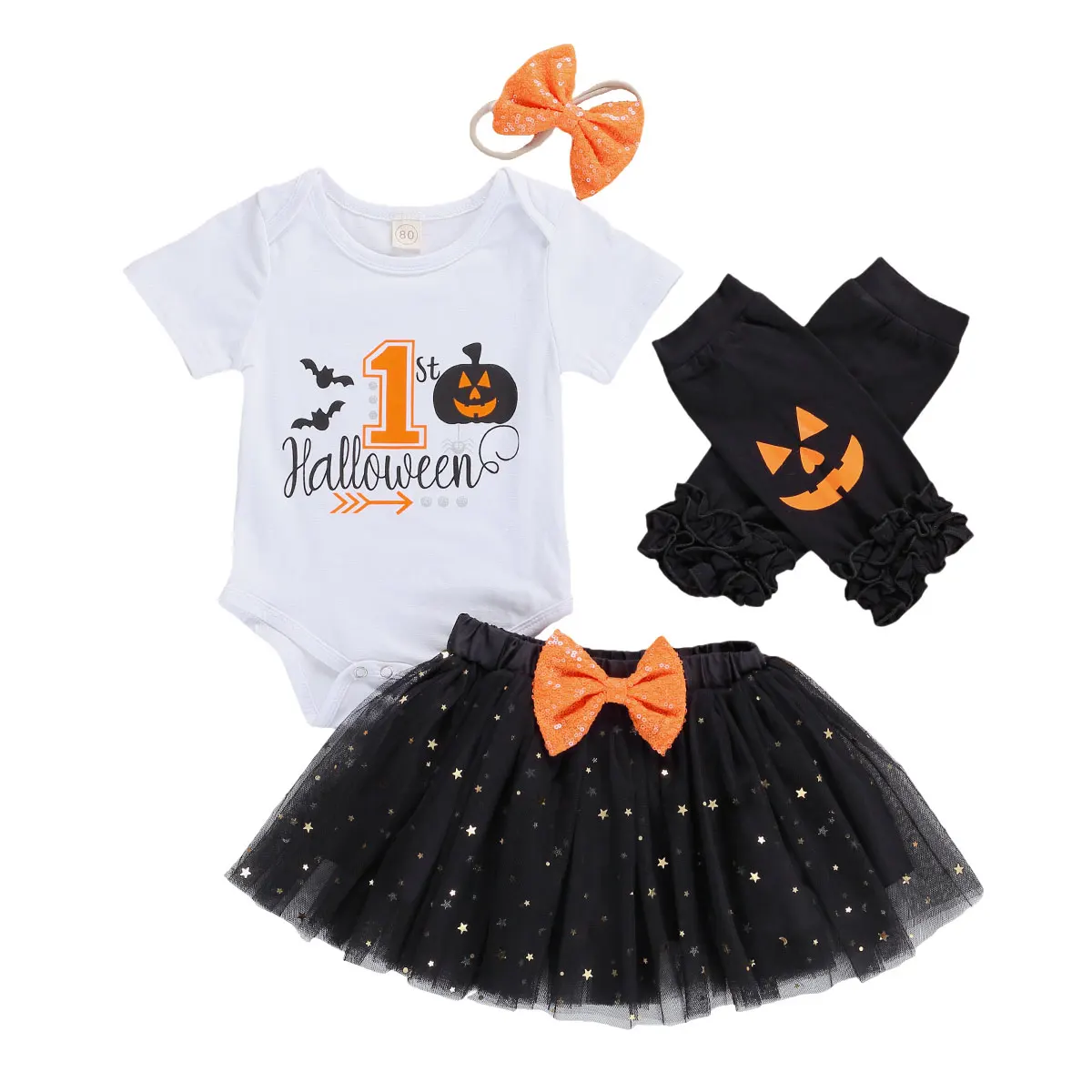 

Halloween Fashion 5Pieces Baby Girls Clothes Outfits Letter Short sleeve Romper +Sequin Gauze Skirt +Headband+Leg Warmer Sets