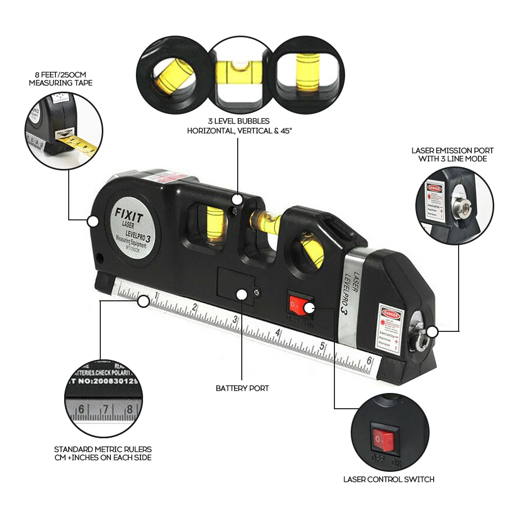 

3 in1 Laser Level Cross Line Ruler W/ Measuring Plumb/Level/45-Degree Locking 8-foot Measuring Tape Perfect For Hanging Pictures