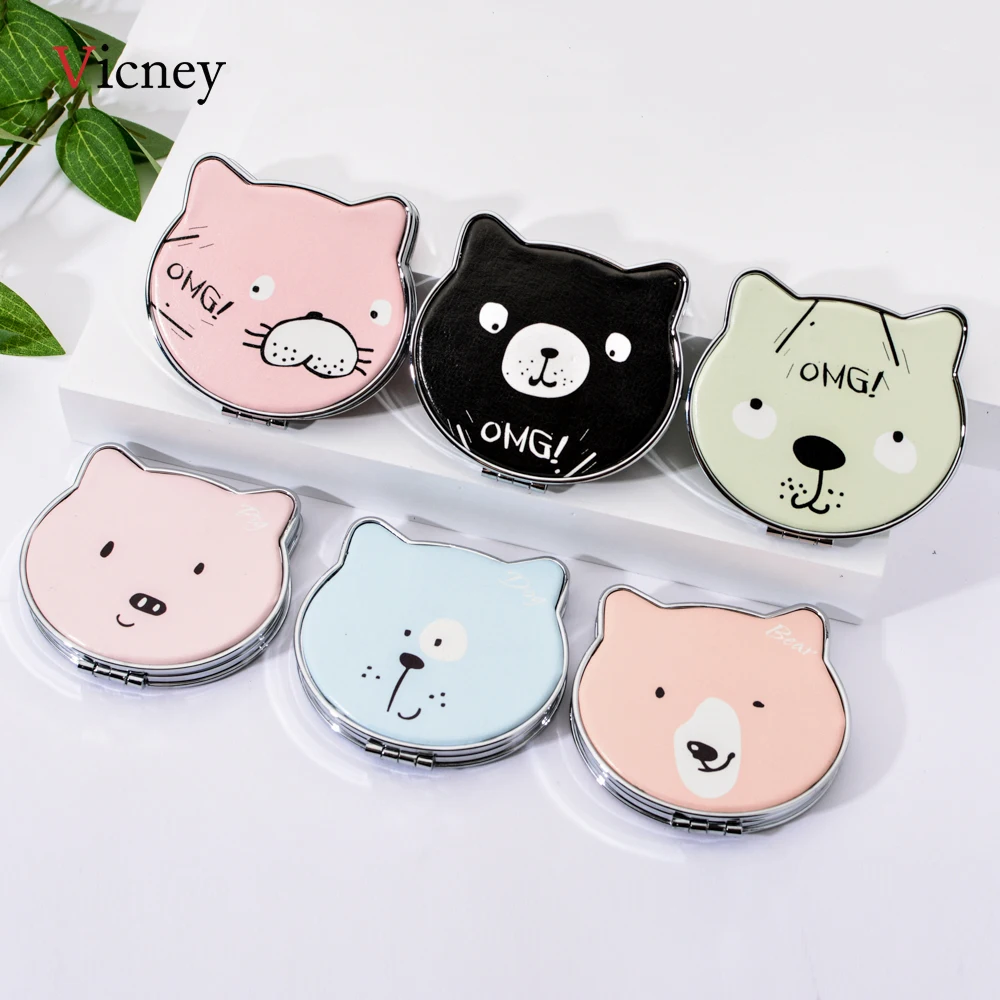 Vicney модное зеркало для макияжа с животными из мультфильмов, мини карманное зеркало-медвежонок, женское цветное двойное складное зеркало из ПУ, зеркало для рук