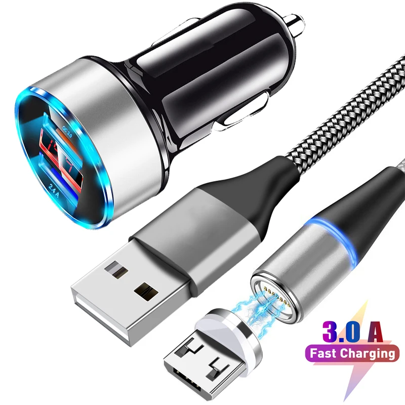 

Magnetic 3A QC3.0 Car Fast Charger Micro USB Cable For Samsung S6 S7 Edge Huawei Honor 9A 9C 8A 8S 8C 7A 7C 7S Car Lighter Cable