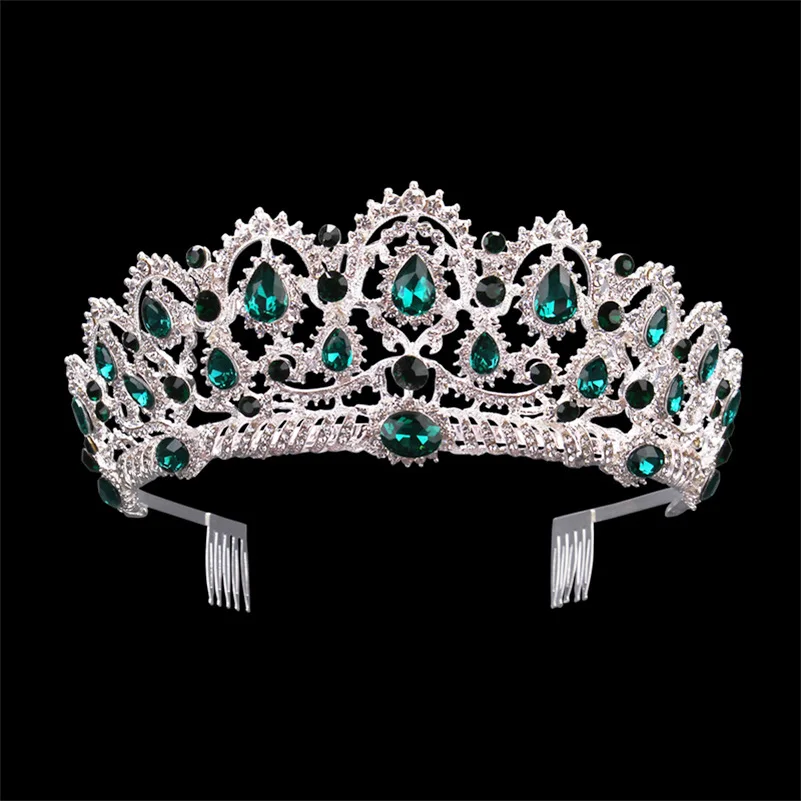 Silver Green Comb Роскошная свадебная тиара, большие стразы, кристалл, Королевская корона, свадебные аксессуары для волос, диадема, головная повязка, пышные украшения для волос, головной убор - Окраска металла: Silver Green Comb