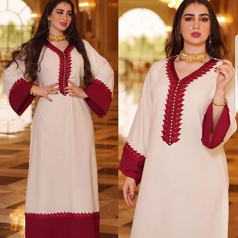 Мусульманская Мода Женская Ближний Восток Дубай Арабская молитва белый красный лоскутный ИД Мубарак исламское платье кафтан 2021