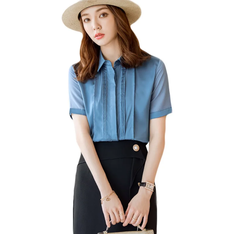 

2021 summer new style casual fashion western chiffon shirt lapel solid color short-sleeved shirt women