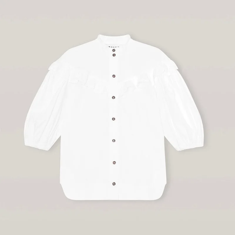 

Women Shirt 2021 Summer New Solid Color Standing Collar Puffed Sleeve Button Flounces Loose Short Sleeves Women's Blouse