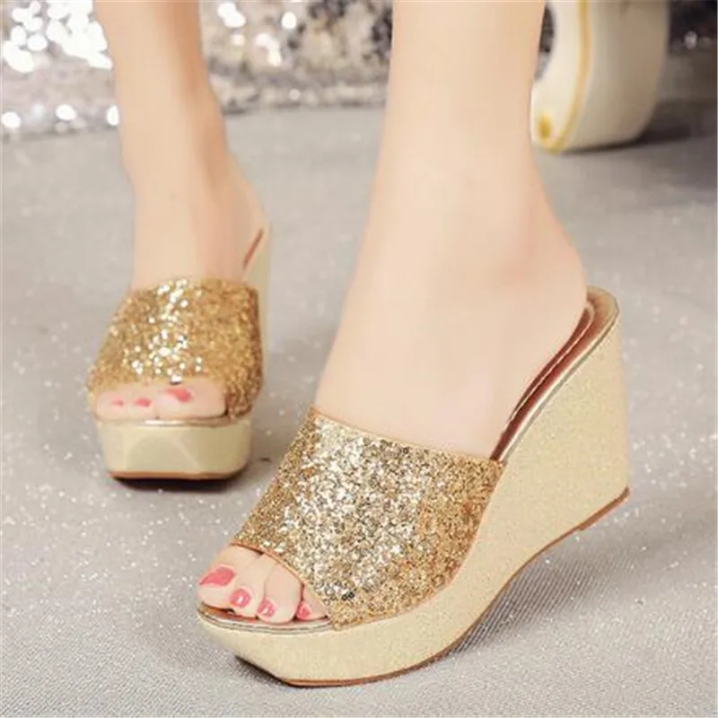 

women sandals PU Sequined Cloth Slip On 9.5CM Wedges High heels Peep Toe Shallow women shoes sandalias mujer 2020 size 35-42