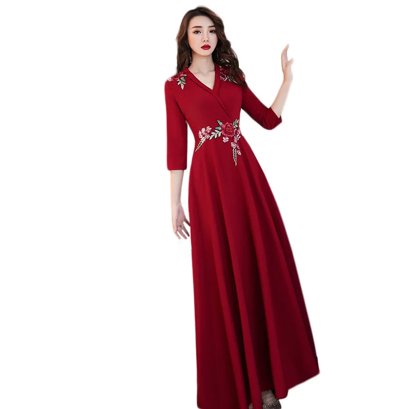 

V-Neck Floor-Length Wedding Party Women Dress Flower Elegant Banquet Long Qipao Female Slim Prom Cheongsam Gowns Vestido XS-XXXL