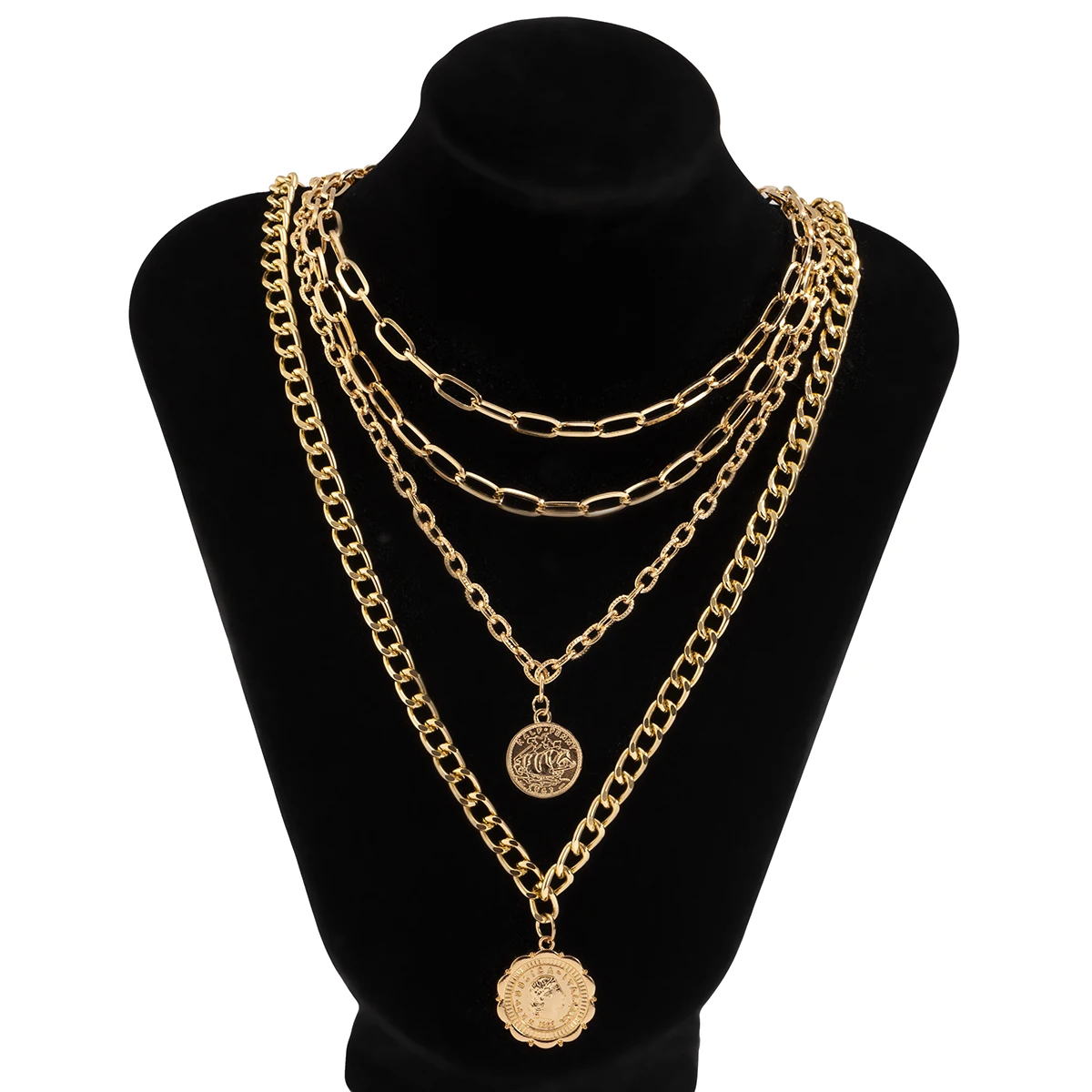 

IngeSight.Z Hip Hop Multi Layered Carved Coin Human Head Pendant Necklace Women Vintage Gold Color Long Necklace Collier Jewelry