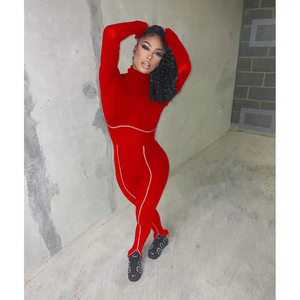 

Женский комбинезон с высоким воротником, яркий Облегающий комбинезон с длинным рукавом, женский спортивный цельный комбинезон, однотонные ...