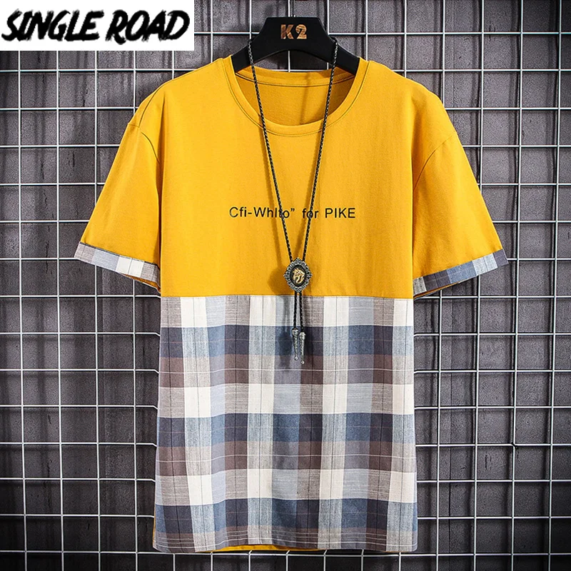 Мужская клетчатая футболка SingleRoad желтая большого размера в стиле хип-хоп