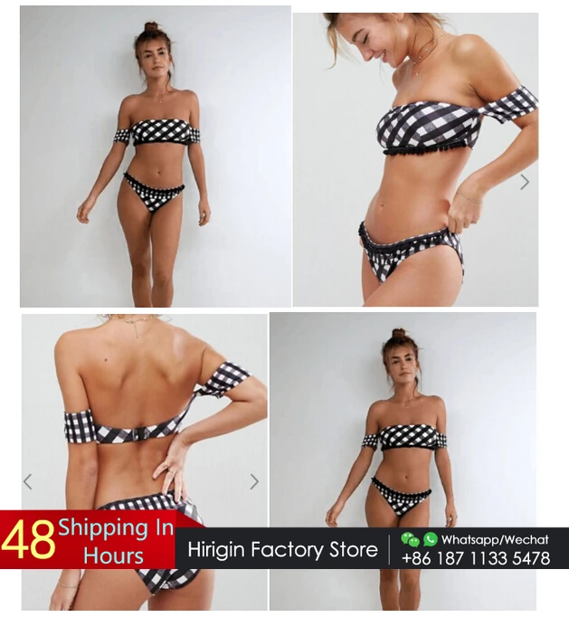 

2018 New Cross Plaid Swimsuits Women Bikinis Set Push-Up Padded Swimwear Sexy Off Shoulder Bathing Suits