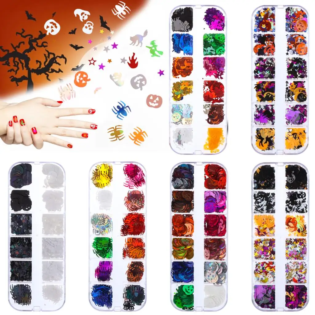 

6PCS Halloween Nail Art Glitter Sequins Acrylic Nails Design Halloween Party