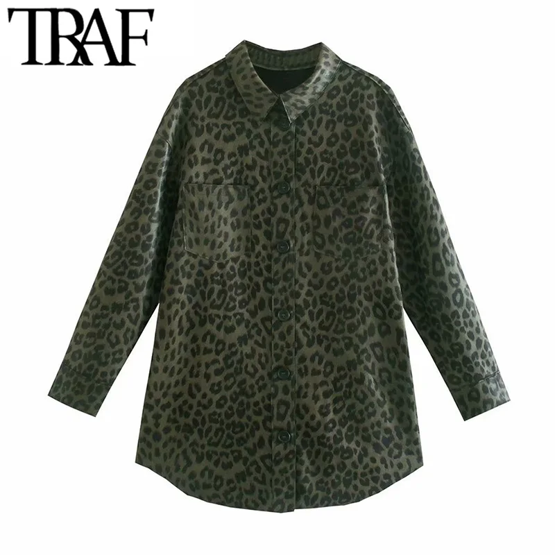 

TRAF Women Fashion Oversized Leopard Print Jacket Coat Vintage Long Sleeve Pockets Female Outerwear Chic Overshirt