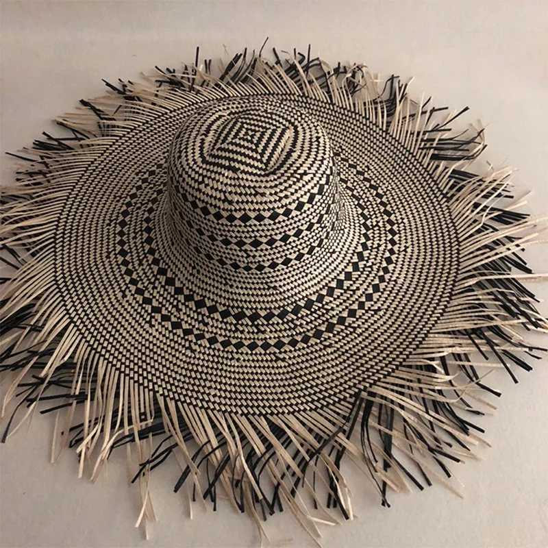

Casual New Handmade Women Straw Sun Hat Large Wide Brim Girl High Quality Natural Raffia Panama Beach Straw Sun Caps For Holiday