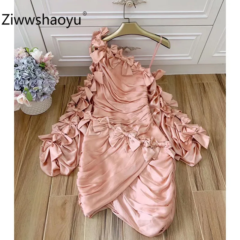 Ziwwshaoyu весна лето дизайнер высокого класса с открытыми плечами фонари рукавом Ruched Bodycon Вечерние платья с бантом женские элегантные