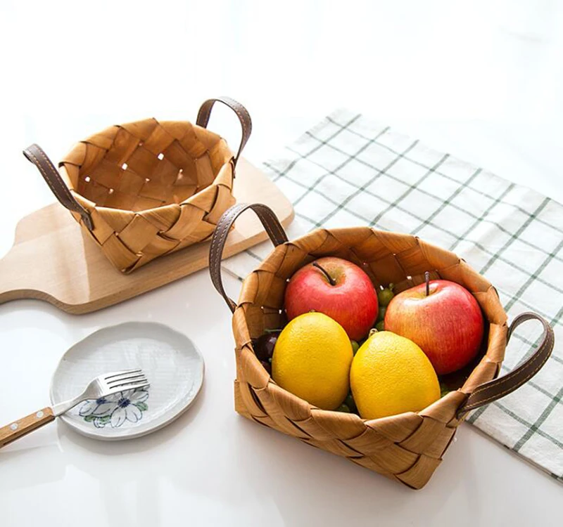 

Round wooden Chip Hand-woven fruit basket with Lerther Handle storage basket vegetable basket picnic bread basket fruit bask