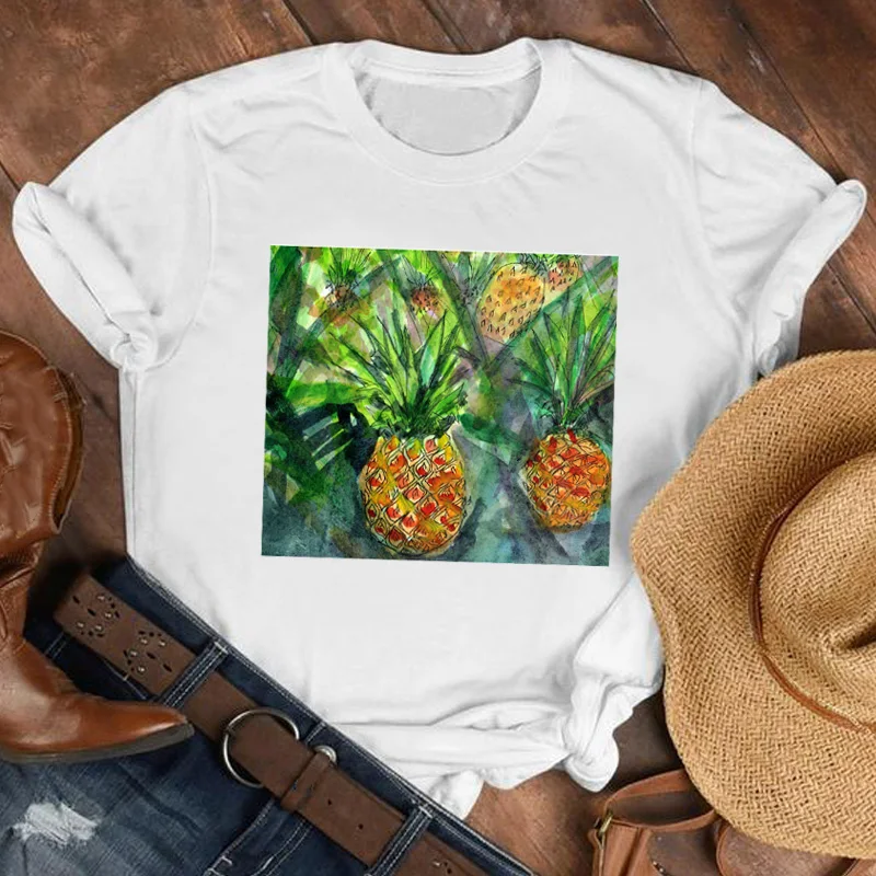 

Women Lady 90s Pineapple Painting Fruit Beach Holiday Cartoon Shirt Clothes Tshirt Tee Womens Top Female Print T Graphic T-shirt