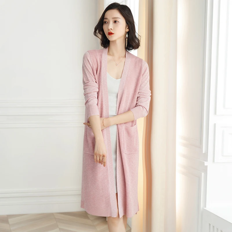 Женский тонкий вязаный льняной кардиган длинное пальто Тренч верхняя одежда с