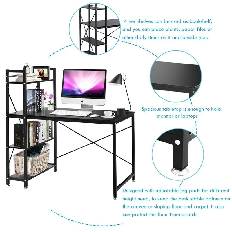 

4 Tier Storage Shelves Computer Desk Black Brown Home Office MDF Iron Tube Computer Study Desks HW62863