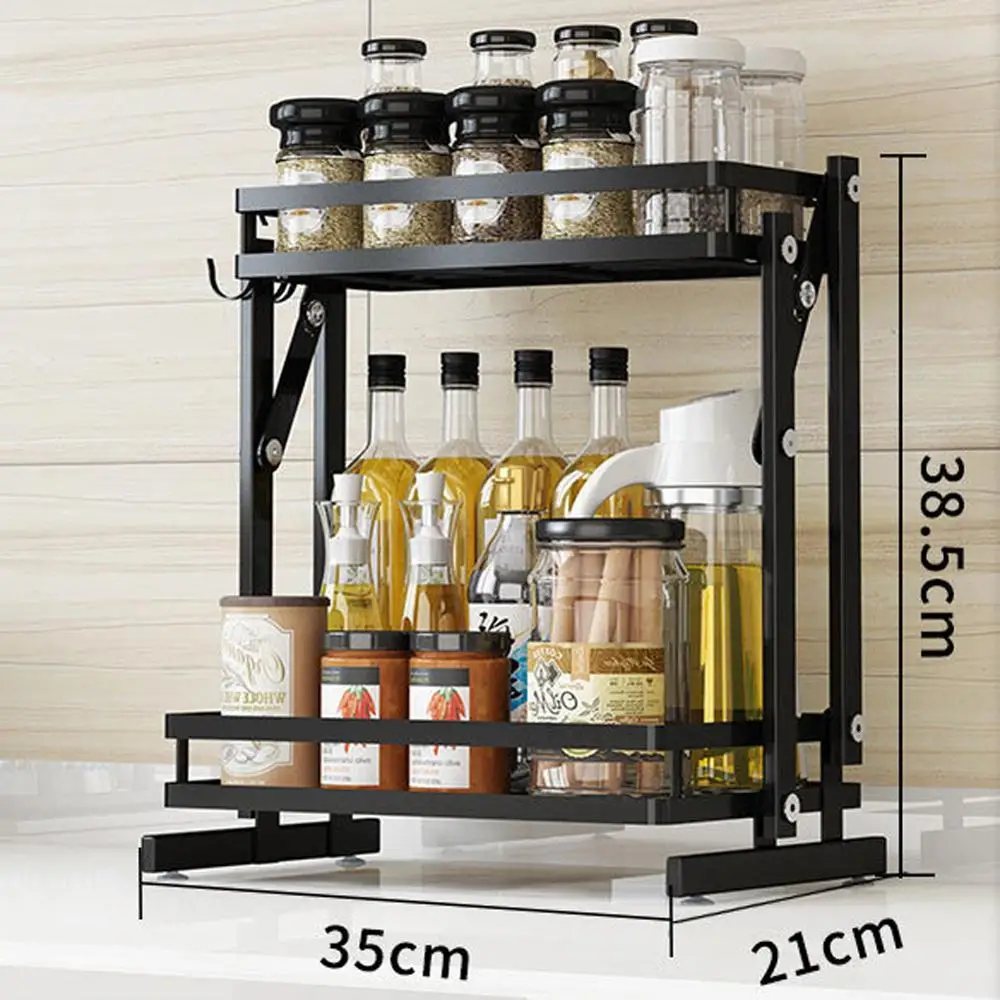 

Spice Rack Organizer, Foldable 2-Layers Bathroom Shelf Organizer Multi-function Countertop Kitchen Rack Organizer with 3 Hooks