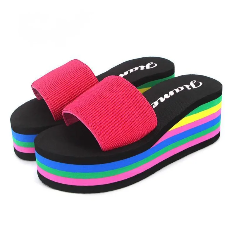 

Fashion Platform Sandals Shoes for Women 2021 Summer Women's Slipper Bottom Heel Rainbow Muffin Slope Heel Sandals