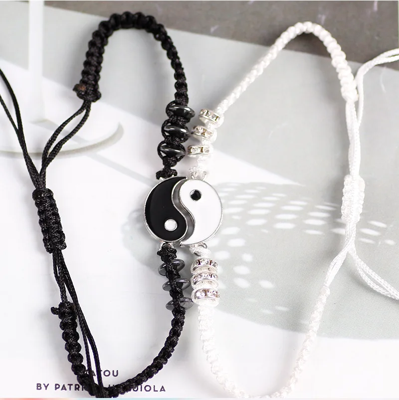 

Couple Bracelets Hematite Leather Cord Braid Chain Bracelet Chinese Tai Chi Alloy Pendant Two-piece Woven Lover Bracelet Gift