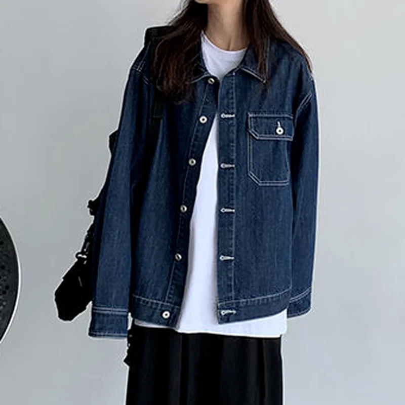 Джинсовые базовые куртки для женщин темно-синие Простые Модные студенческие