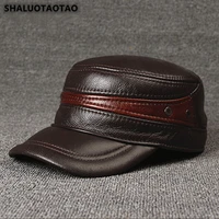 shaluotaotao mens cap winter thicken warm cowhide military hats adjustable size new genuine leather hat fashion earmuffs caps
