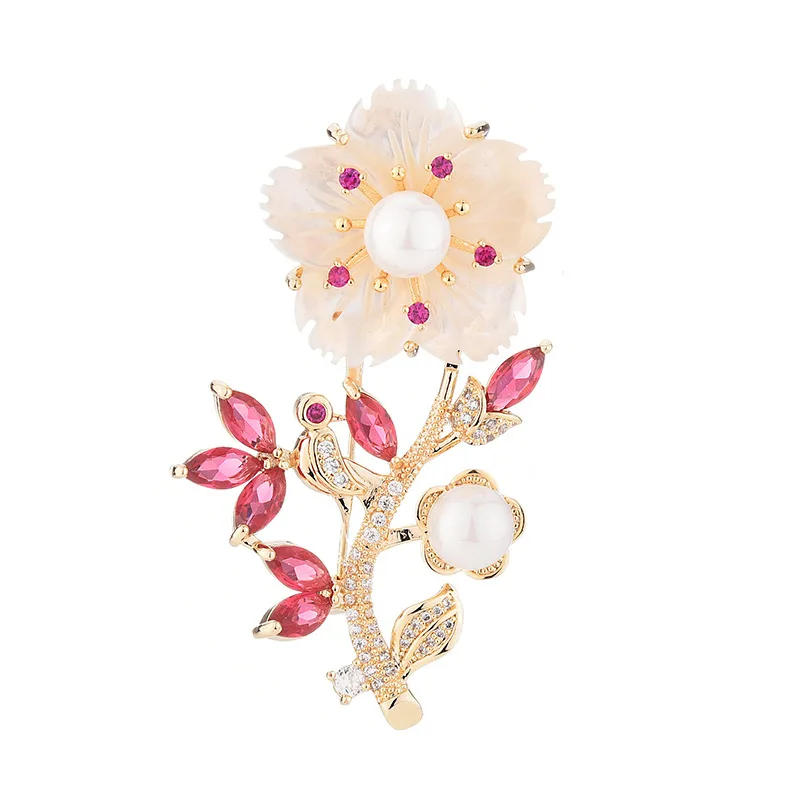 

Fengxiaoling New Metal Shell Flowers Natural Freshwater Pearls Brooch Red Zircon Leaves Brooches For Women Office/career Jewelry