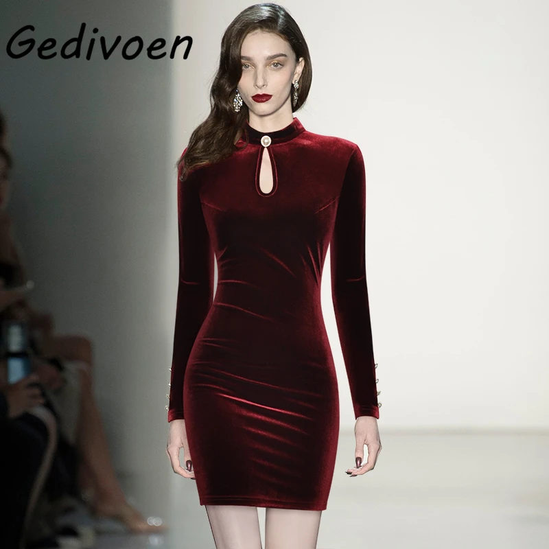 

Gedivoen Fashion Woman Autumn Retro Elegant Mini Dress Stand-Neck Gorgeous Buttons Slim Sexy Party Package Buttocks Dresses