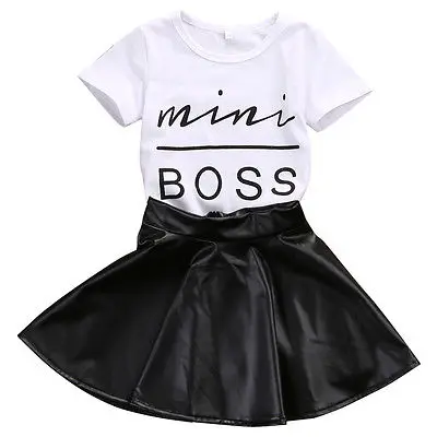Mini Boss 2 шт. летняя одежда для маленьких девочек Милая футболка топы кожаная юбка